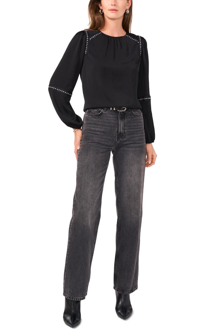 Stud Detail Rumple Satin Top, Alternate, color, RICH BLACK