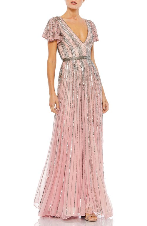 Mac Duggal Stripe Sequin V-neck Gown