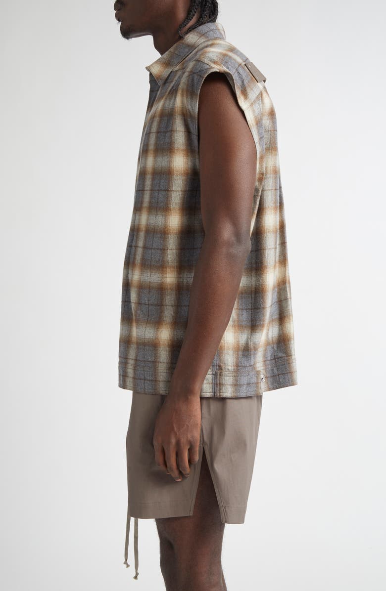 Rick Owens Hollywood Grey Plaid Cotton Flannel Sleeveless Button-Up Shirt, Alternate, color, 