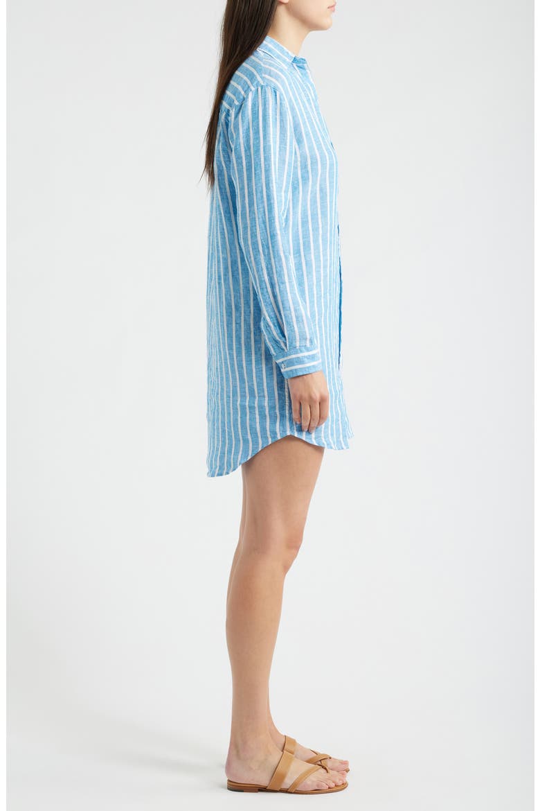 Mary Stripe Classic Long Sleeve Linen Shirtdress, Alternate, color, TURQUOISE WHITE STRIPE