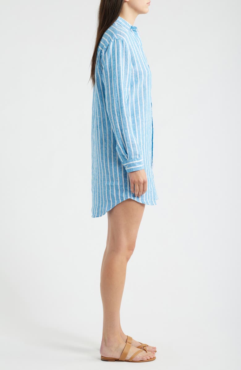 Frank & Eileen Mary Stripe Classic Long Sleeve Linen Shirtdress, Alternate, color, Turquoise White Stripe