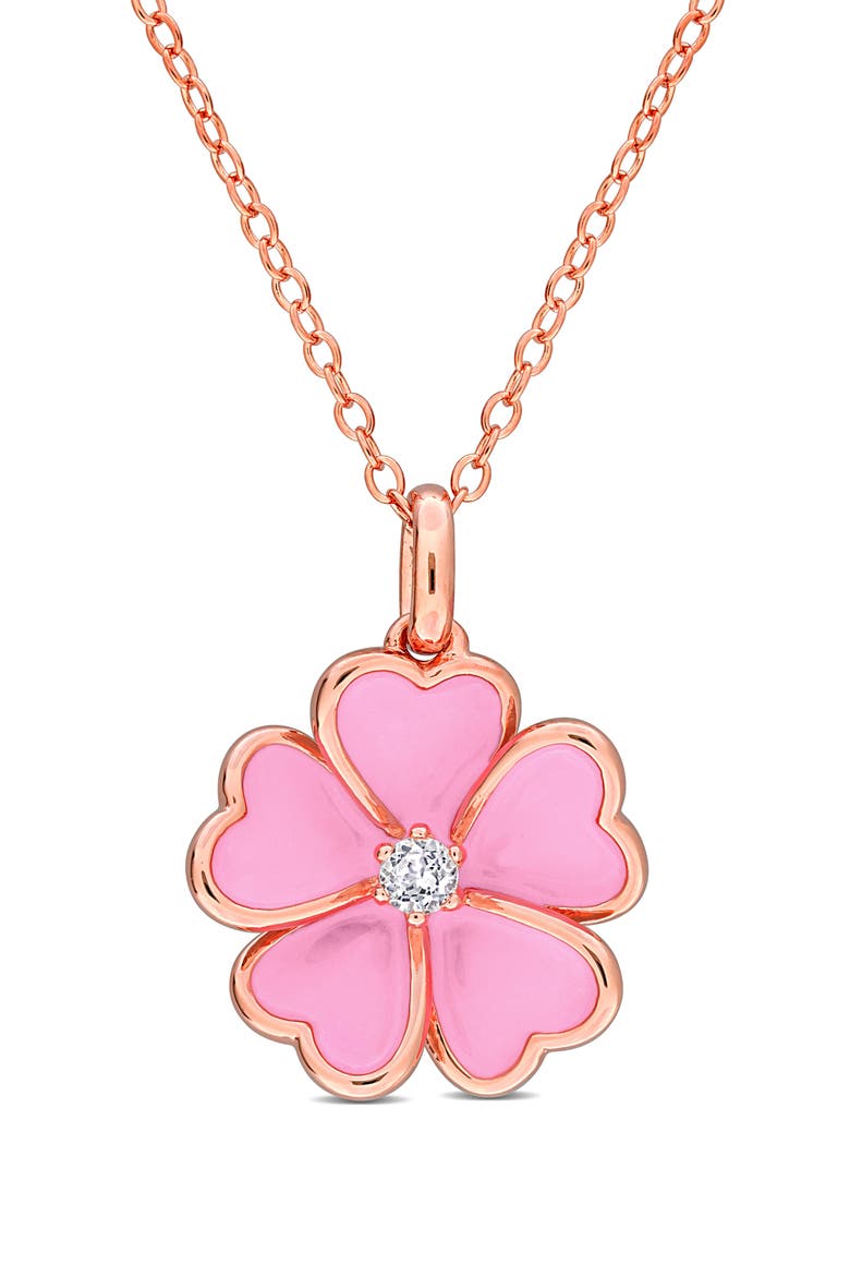 White Topaz & Enamel Flower Pendant Necklace, Main, color, PINK