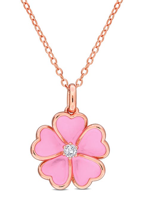 White Topaz & Enamel Flower Pendant Necklace
