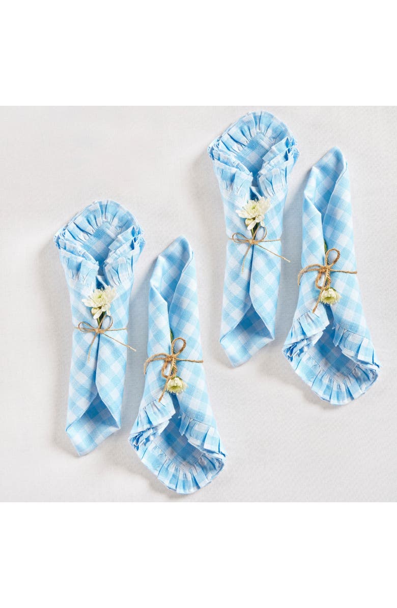 Solino Home Linen Dinner Napkins Set of 4, 20 x 20 Inch for Dining Table, Holiday and Everyday Table Decor - Gingham Ruffle, Main, color, Blue Bell