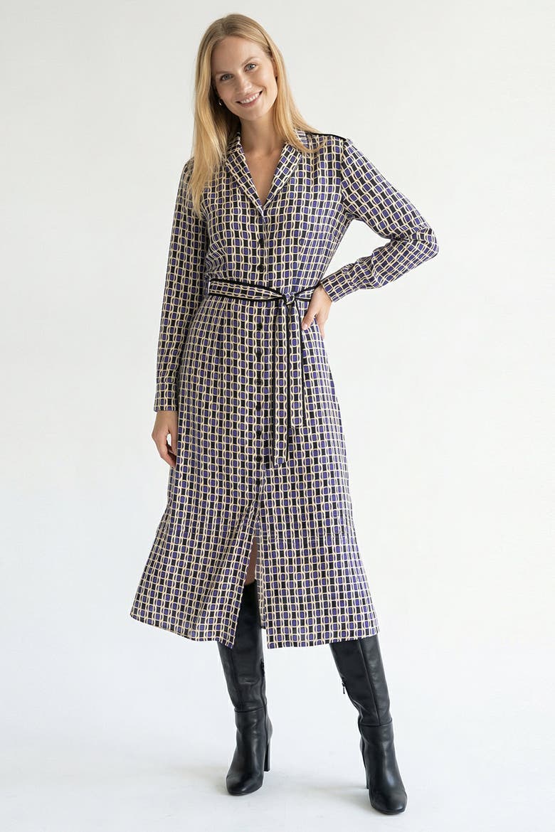 Long Sleeve Geometric Print Midi Shirt Dress With Waist Detail, Main, color, Black