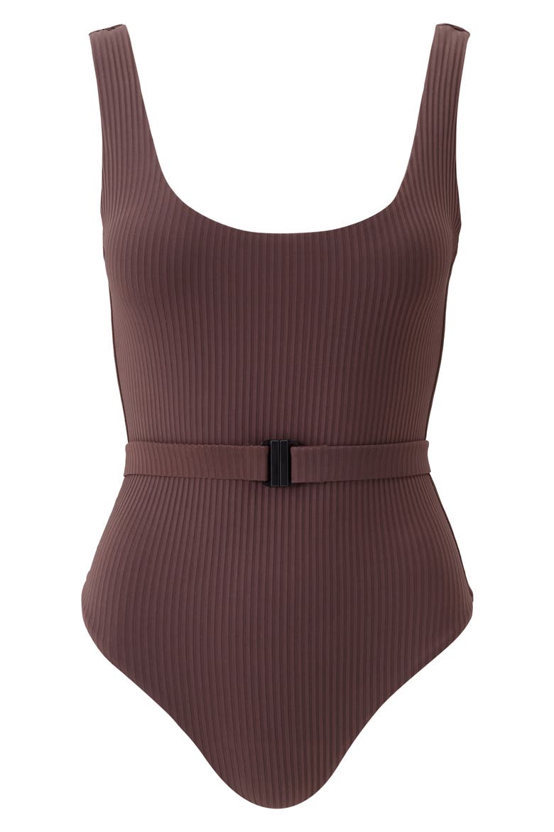 Rio Belted Rib One-Piece Swimsuit, Alternate, color, BROWN RIBBED