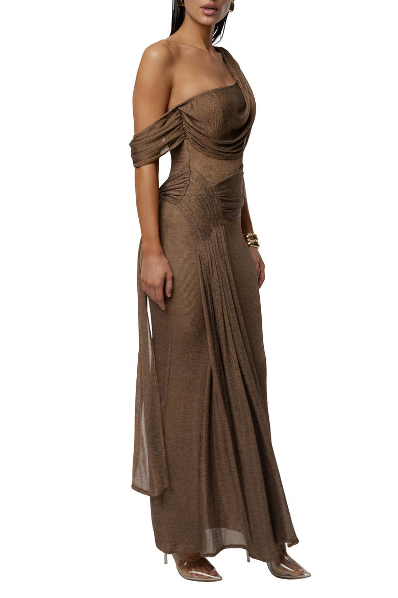 Drape Metallic One-Shoulder Gown, Alternate, color, BROWN