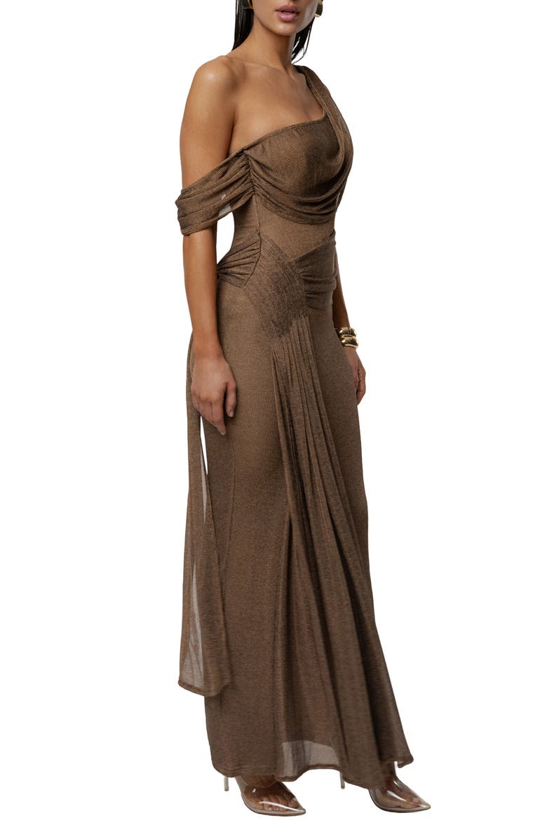 JLUXLABEL Drape Metallic One-Shoulder Gown, Alternate, color, Brown