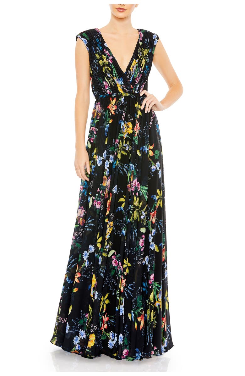 Mac Duggal Pleated Floral Cap Sleeve A Line Gown, Main, color, 