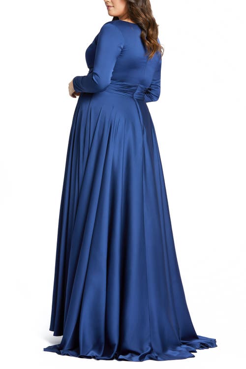 Mac Duggal Classic Satin Long Sleeve Evening Gown In Midnight