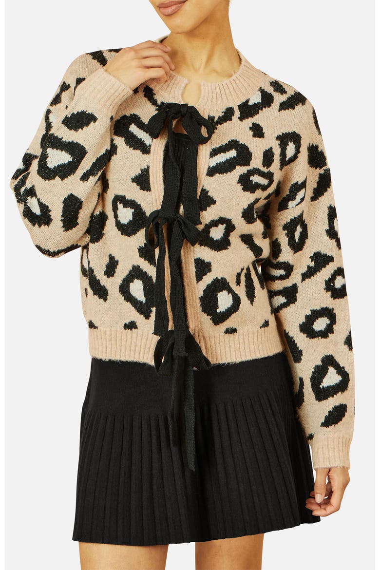 Animal Print Intarsia Tie Front Cardigan, Alternate, color, Beige
