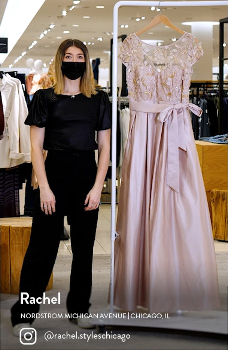 Xscape 3D Flower Bodice Satin Ballgown, sales video thumbnail