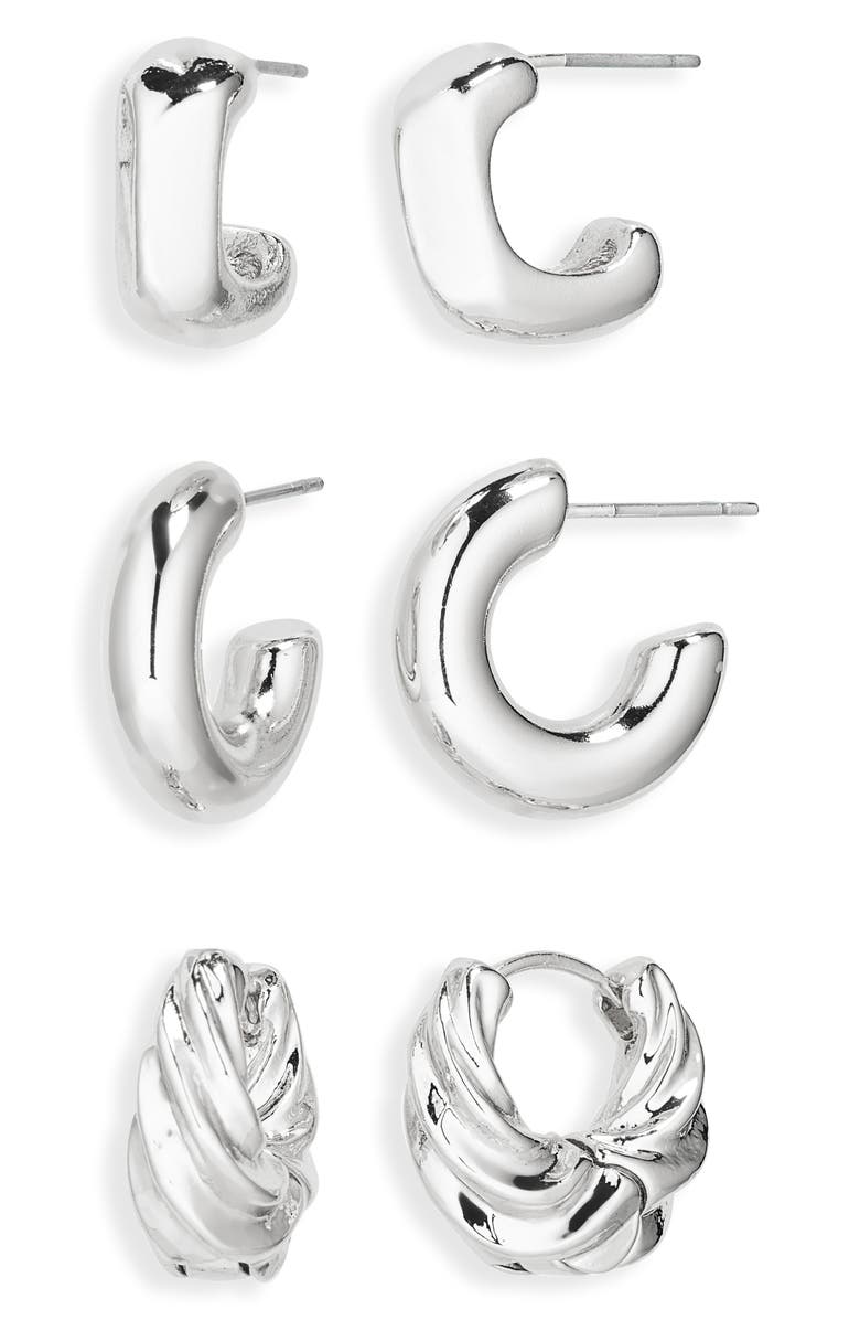 NORDSTROM RACK Set of 3 Sculpted Hoop Earrings, Main, color, Silver