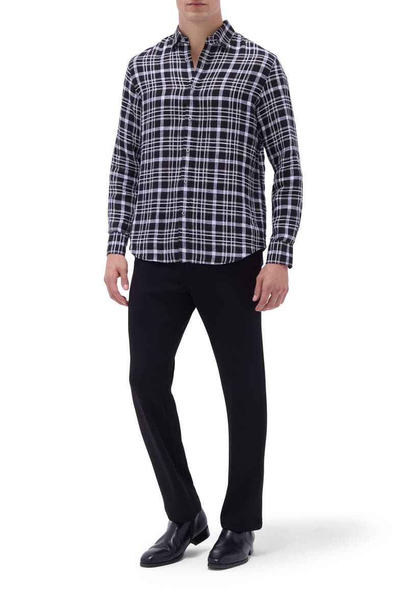 Julian Plaid Linen Button-Up Shirt, Alternate, color, BLACK