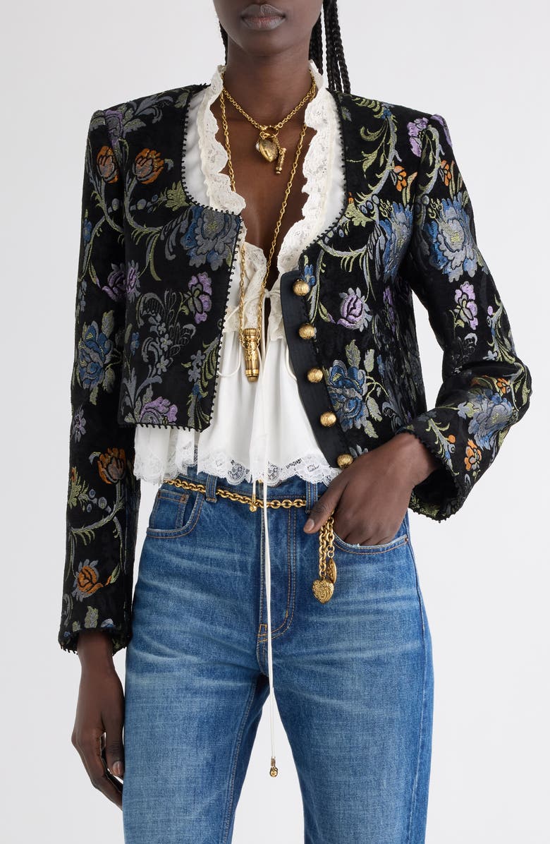 Chloé Floral Tapestry Jacquard Crop Jacket, Main, color, Multicolor Black