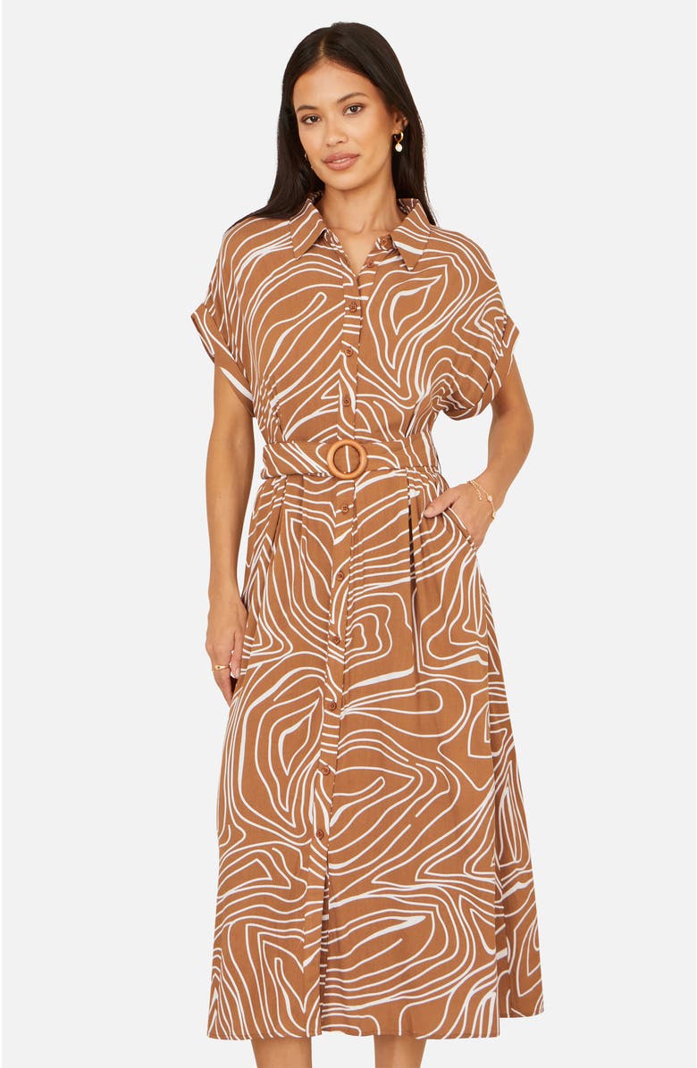 Yumi Abstract Swirl Print Relaxed Midi Dress, Alternate, color, Brown