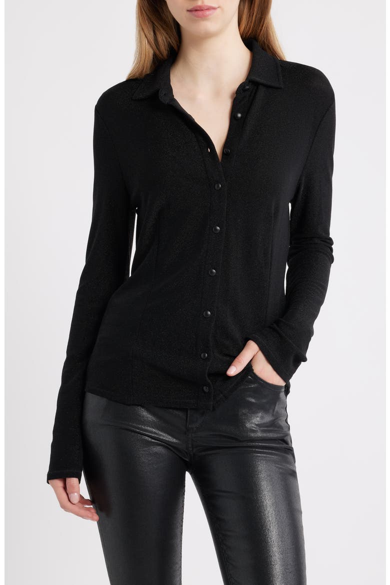 Elsa Metallic Button-Up Shirt, Main, color, BLACK