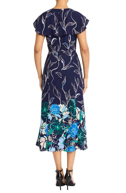 Maggy London Floral Back Ruffle Detail Midi Dress In Navy/cobalt Blue