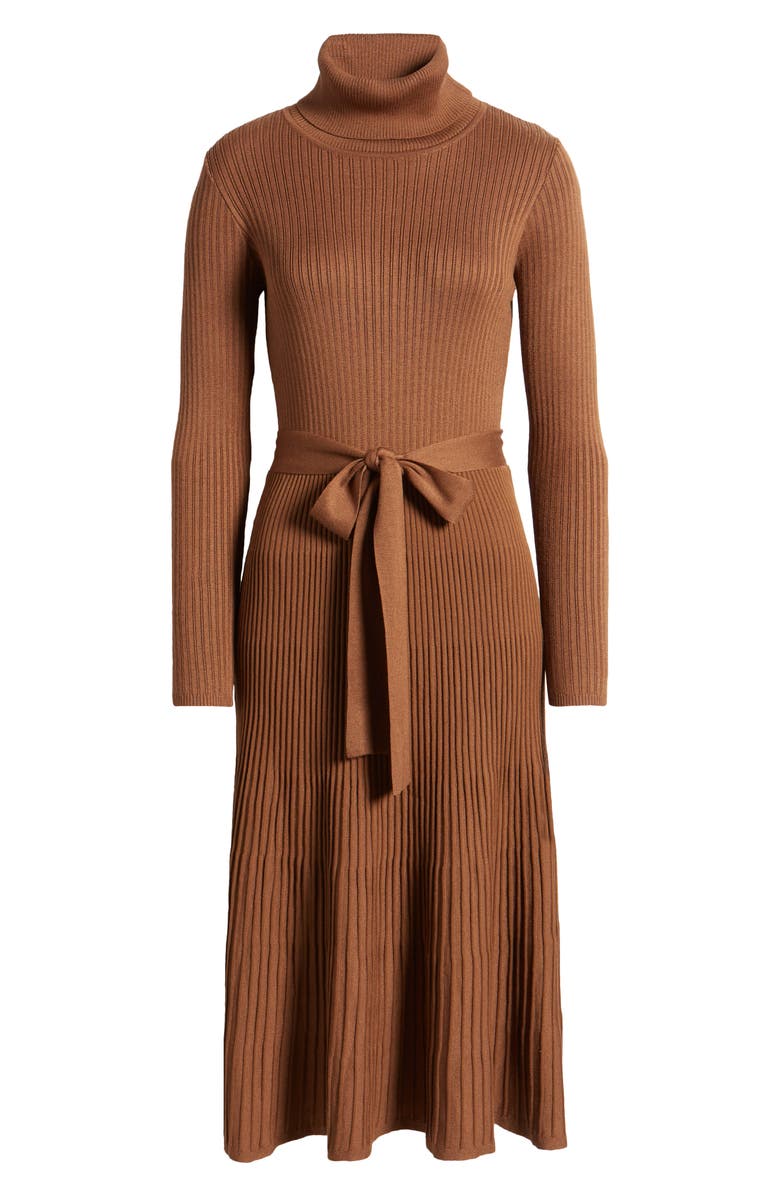 Julia Jordan Turtleneck Long Sleeve Rib Midi Sweater Dress, Alternate, color, Caramel