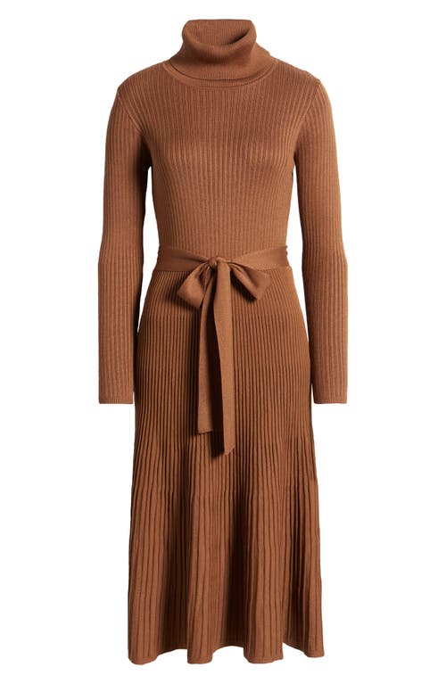 Julia Jordan Turtleneck Long Sleeve Rib Midi Sweater Dress In Caramel