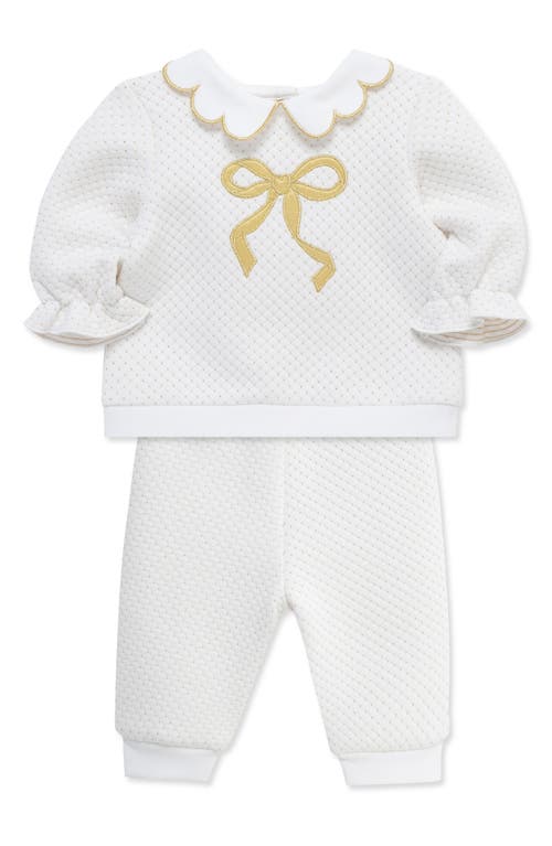 Little Me Bow Collared Top & Joggers Set In White