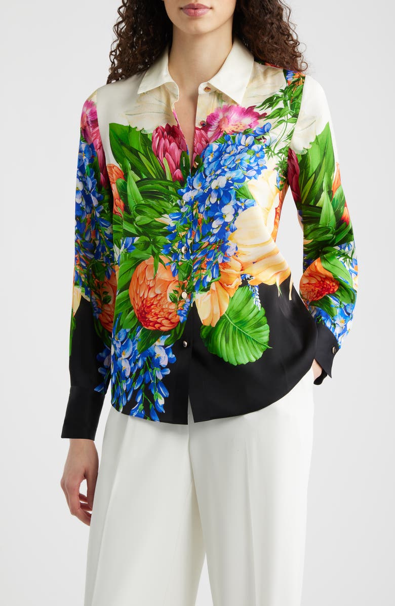Elie Tahari The Madeline Floral Stretch Silk Button-Up Shirt, Main, color, Spring Meadow Print