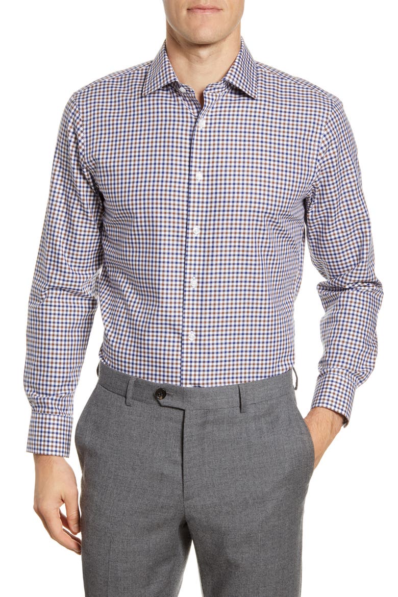 Trim Fit Gingham Dress Shirt, Main, color, NAVY