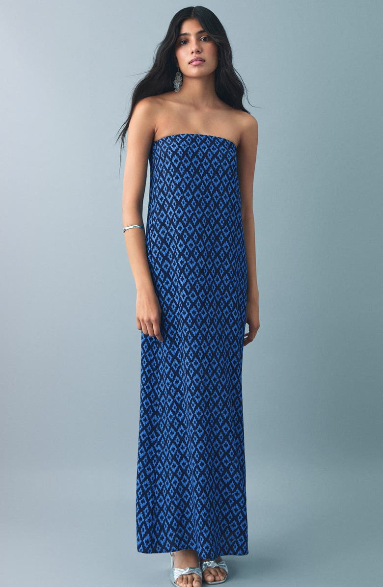 MANGO TEEN Print Strapless Maxi Dress, Main, color, Navy