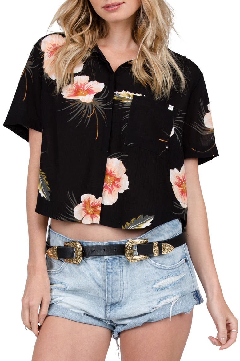 Fox Tail Palm Print High/Low Crop Top, Main, color, BLACK