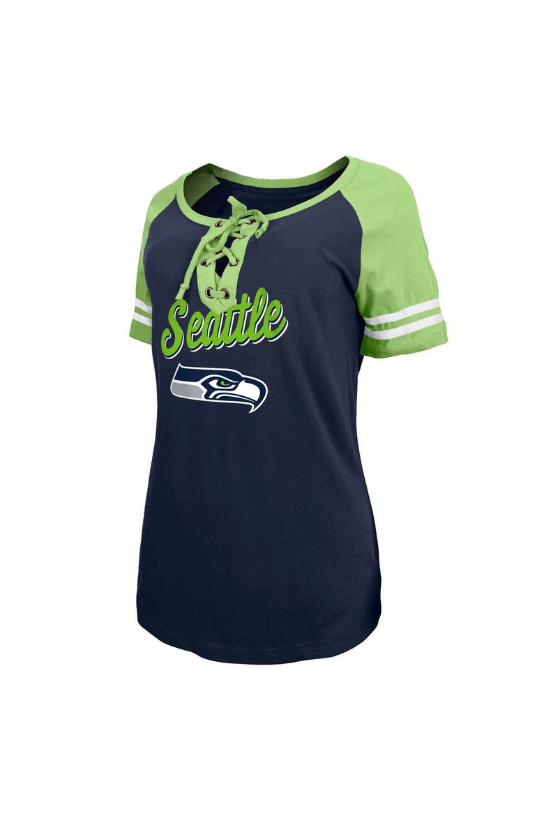 Women's New Era College Navy/Neon Green Seattle Seahawks Lightweight Lace-Up Raglan T-Shirt, Alternate, color, Navy