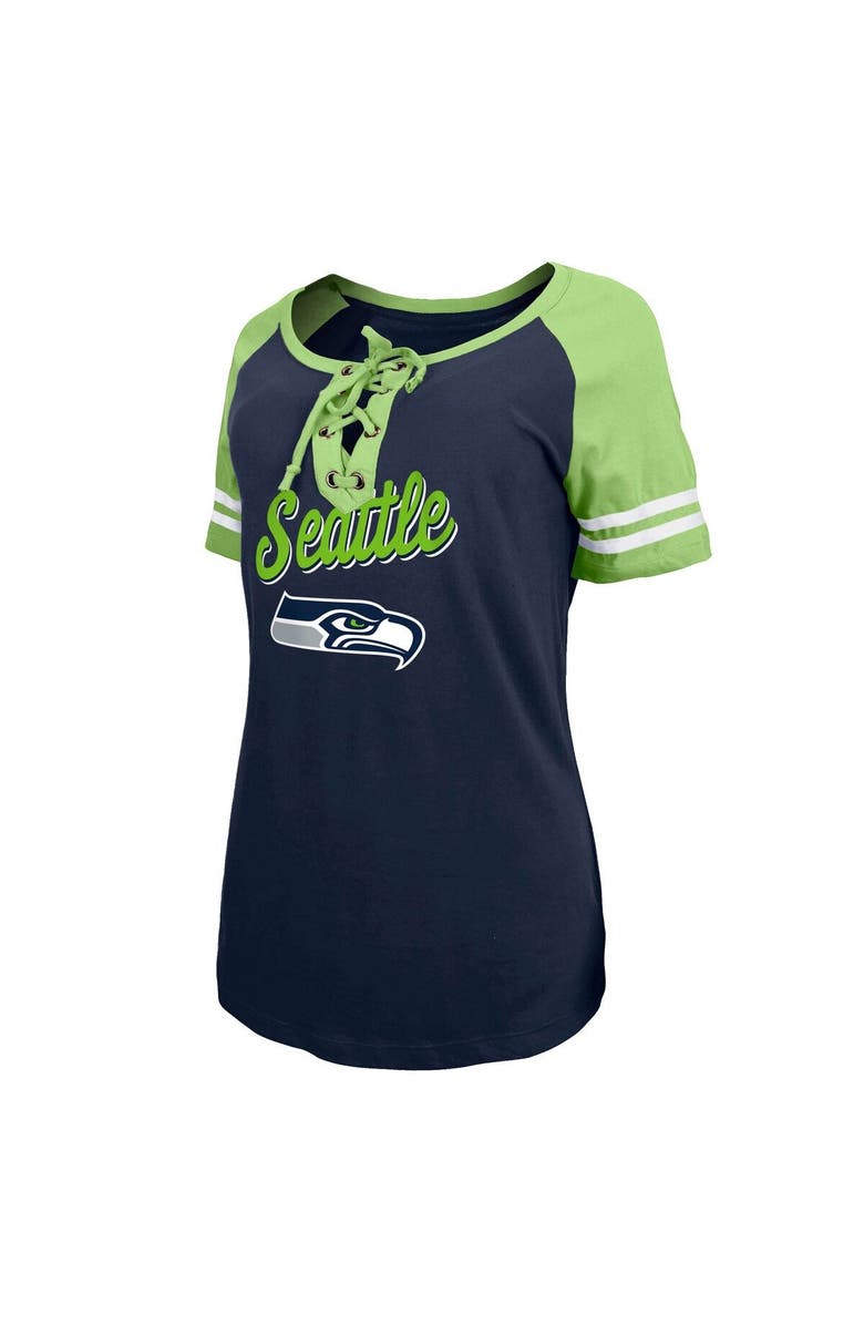 New Era Women's New Era College Navy/Neon Green Seattle Seahawks Lightweight Lace-Up Raglan T-Shirt, Alternate, color, 