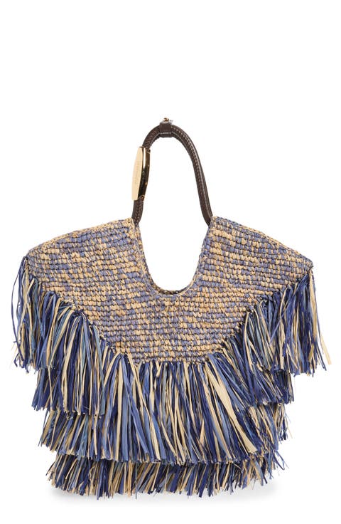 Small Goldentime Fringe Raffia Tote Bag