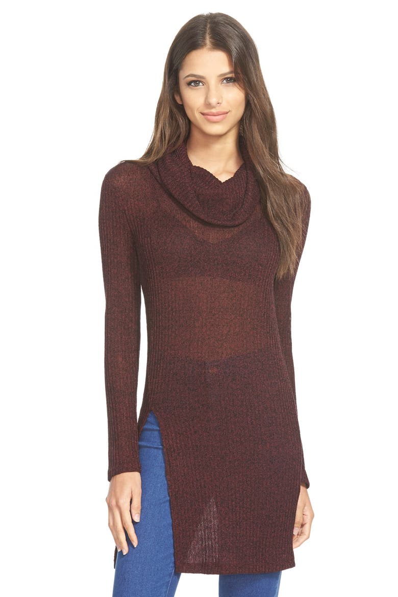 ASTR Side Slit Turtleneck Tunic, Main, color, BURGUNDY