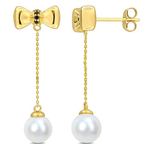 Cultured Pearl & Gem Bow Dangle Earrings 10k