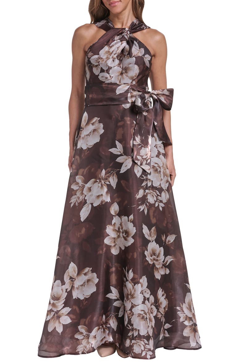 Floral Twist Neck Organza Ballgown, Main, color, CHOCOLATE