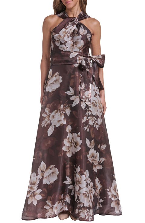 Floral Twist Neck Organza Ballgown