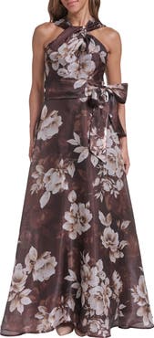 Eliza J Floral Twist Neck Organza Ballgown