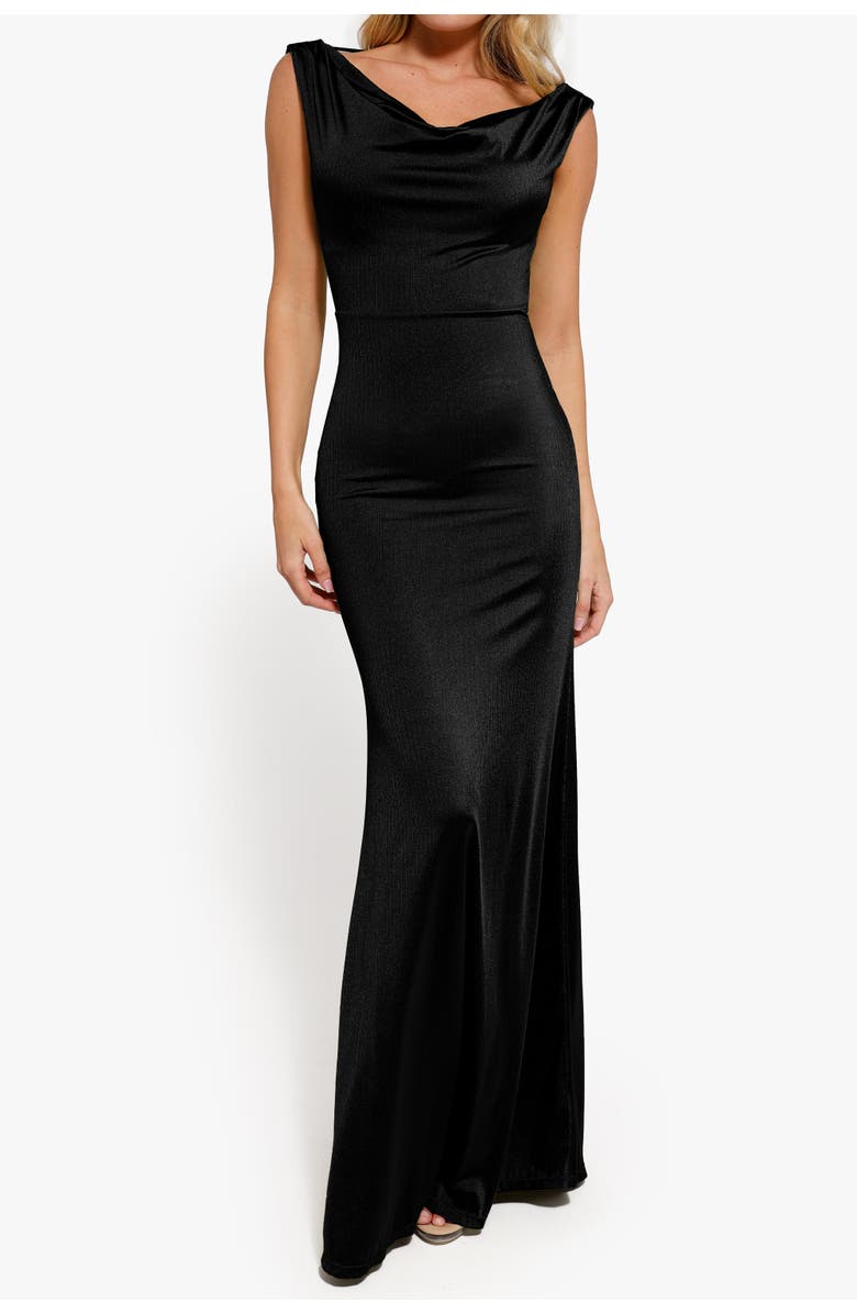 Popilush Shimmering Cowl Neck Built-in Shapewear Evening Maxi Dress, Main, color, Midnight Black