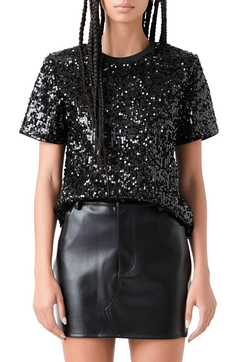Shoulder Pad Sequin Top, Main, color, BLACK
