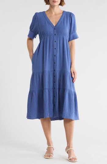 daisy embroidered lightspun square-neck midi dress Daisy Print Puff Sleeve Midi Dress