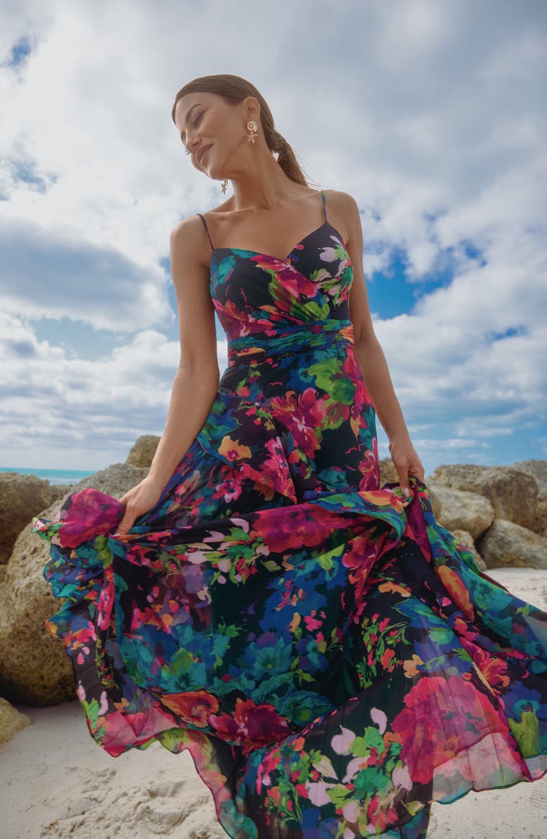 Xscape Evenings Printed Pleated Chiffon Maxi Cocktail Dress, Alternate, color, Navy/ Multi