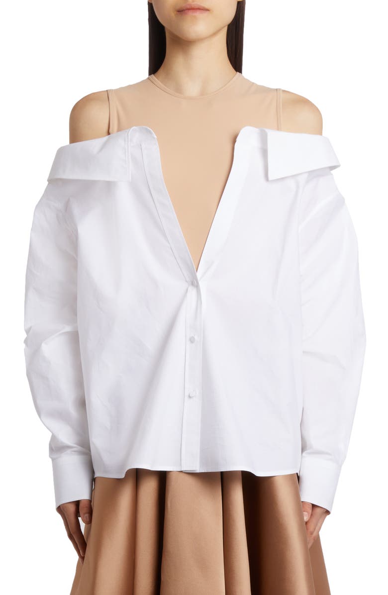 Valentino Garavani Off the Shoulder Sartorial Poplin Button-Up Shirt with Jersey Bib, Main, color,