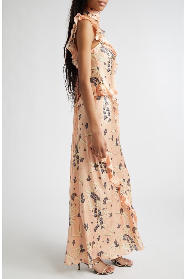 Monica Floral Tiered Ruffle Satin Maxi Dress with Detachable Scarf Tie, Alternate, color, CORAL