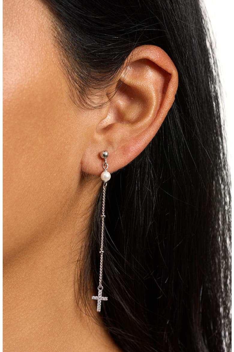 Imitation Pearl & Cross Linear Drop Earrings, Alternate, color, SILVER