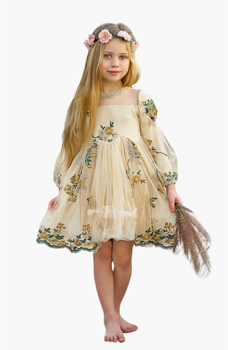 Mia Belle Girls Flower Embroidered Lace Dress, Main, color, Yellow