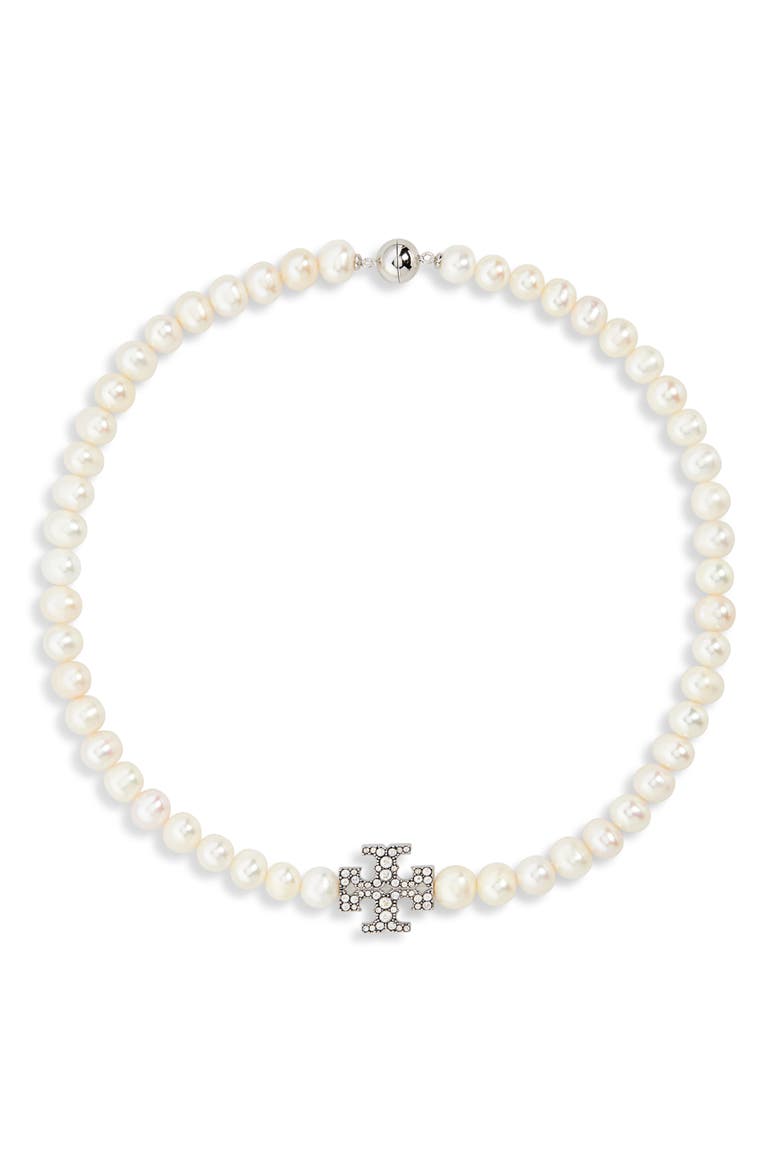 Moondance Pearl and Pavé Necklace, Main, color, TORY SILVER / PEARL / CRYSTAL
