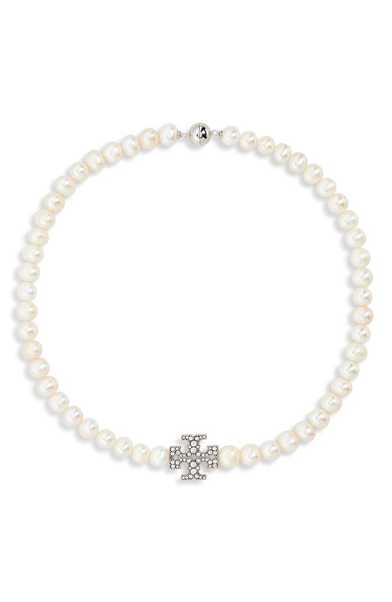 Tory Burch Moondance Pearl and Pavé Necklace, Main, color, Tory Silver / Pearl / Crystal