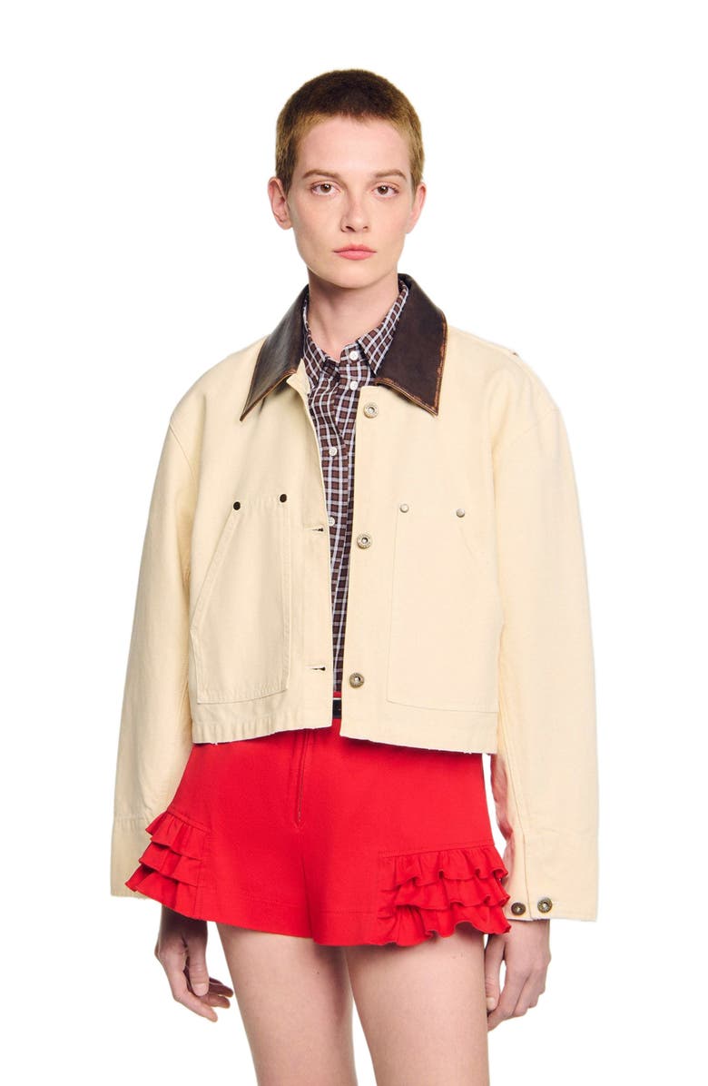 SANDRO Leather collar workwear jacket, Alternate, color, Ecru