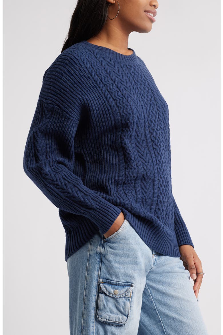 Oversize Cotton Blend Cable Sweater, Alternate, color, NAVY IRIS