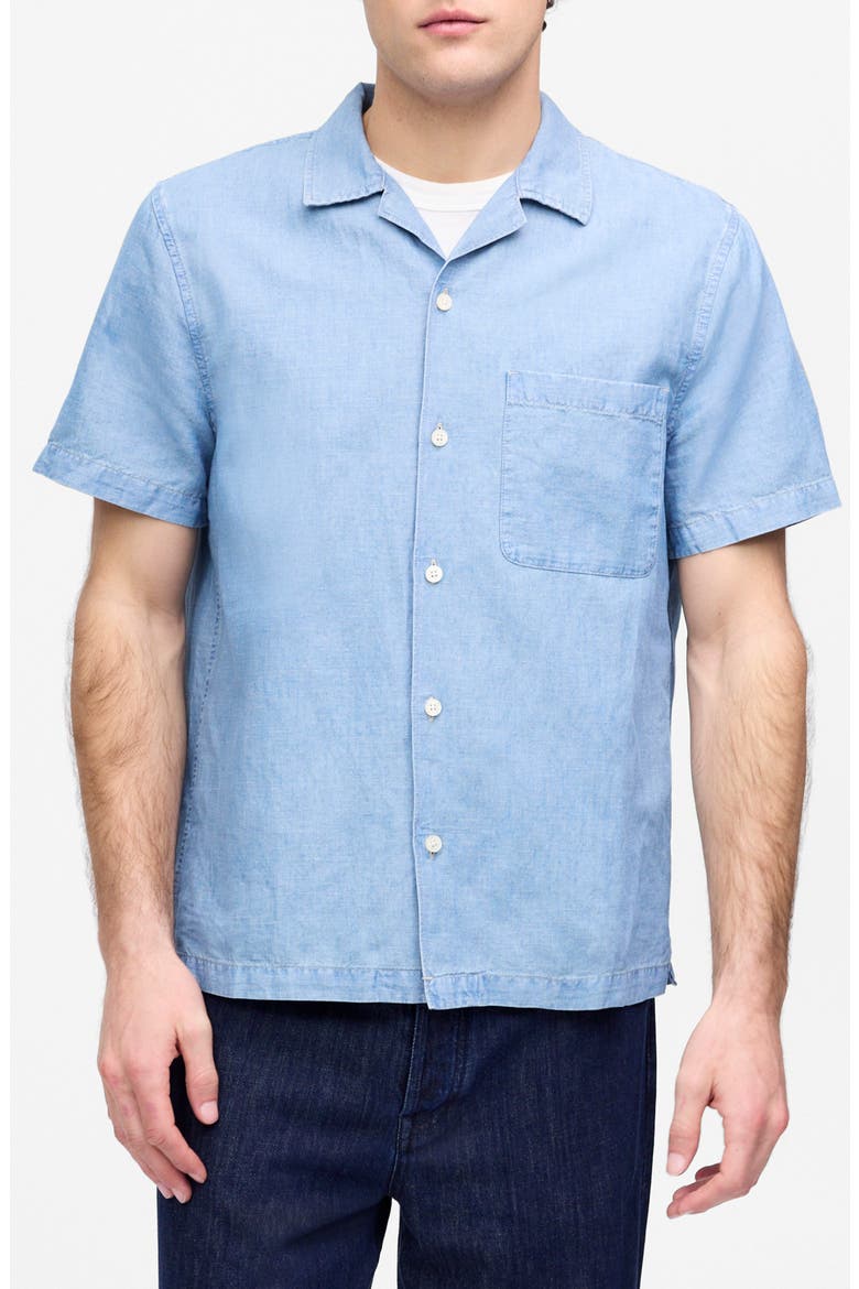 Chambray Short Sleeve Button-Up Shirt in Cotton-Linen Blend, Main, color, FAULK WASH